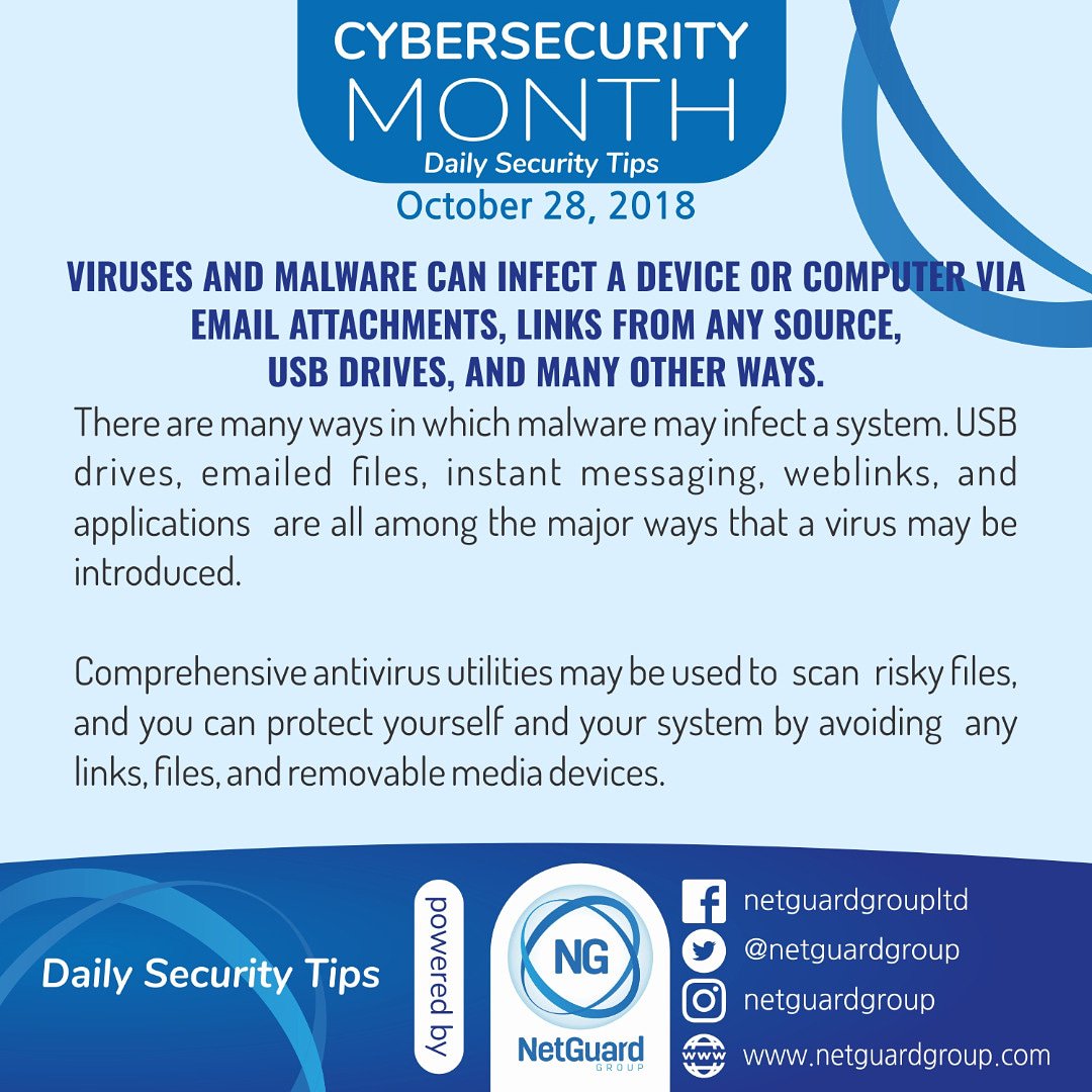 netguardgroup's tweet photo. National #CyberSecurityAwarenessMonth 2018 - “A Safer Digital Ghana”.

#CyberSecurity Tip Day 28:

*VIRUSES AND MALWARE CAN INFECT A DEVICE OR COMPUTER VIA EMAIL ATTACHMENTS, LINKS FROM ANY SOURCE, USB DRIVES, AND MANY OTHER WAYS.*

#Cybersecuritymonth2018
#Netguardgroup https://t.co/8UTrb0HEzc