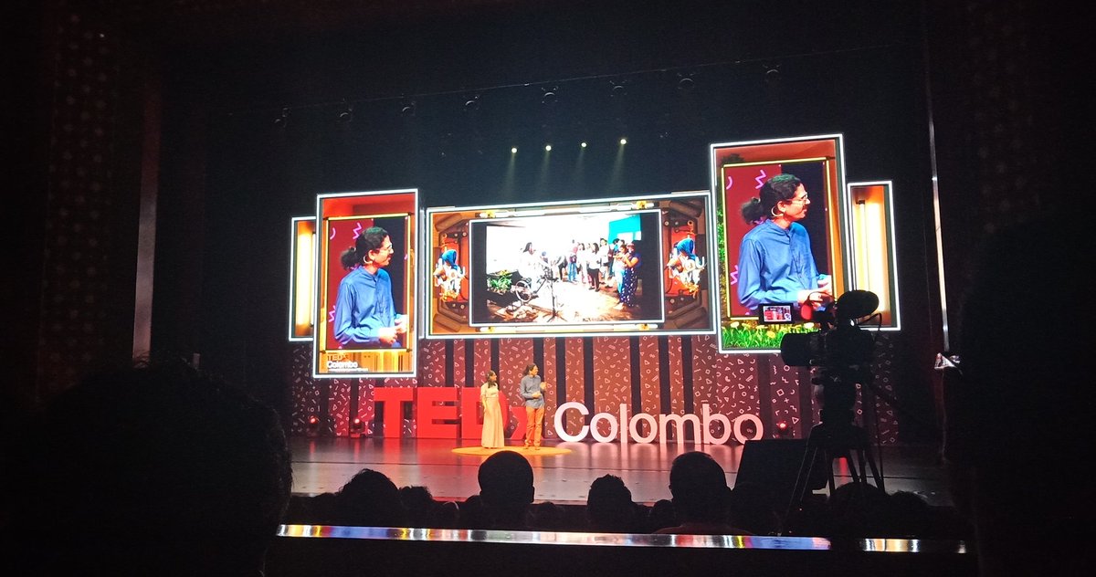 Tikirimali93's tweet photo. Chinthaka and Poornima give an endearing message on how Art is truly, a verb. It builds communities and brings people together to acknowledge issues that need attention. #TEDxColombo #artisaverb #Dyslexia #Communitybuilding #LFG #interactivespace https://t.co/p51przxs32