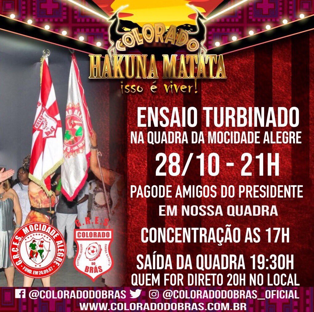 Alô família Vermelho e Branco!
É HOJE 📣

Ensaio TURBINADO na quadra da Escola de Samba Mocidade Alegre!

Teremos um esquenta em nossa quadra.
Concentração as 17h!
Com o PAGODE AMIGOS DO PRESIDENTE!

#VemTodoMundo
#HakunaMatata
#ColoradoDoBras 
#MocidadeAlegre 
🔴⚪️🥁