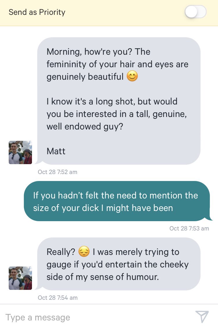 Datingdisaster6's tweet photo. Just why? 2 words completely spoilt it 😔 #2018dating #dating #datingtales #OnlineDating #poffails https://t.co/btGpPVuI2I