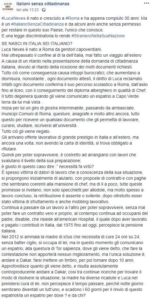 unoscribacchino's tweet photo. #LucaNeves, nato e cresciuto a Roma, ha appena compiuto 30 anni.

Ma è un #ItalianoSenzaCittadinanza da alcuni anni anche senza permesso per restare in questo suo Paese, l'unico che conosce.

E una legge discriminatoria lo rende #StranieroNellaSuaNazione.

https://t.co/wyAPBv3eo2 https://t.co/VKpUABuw5H
