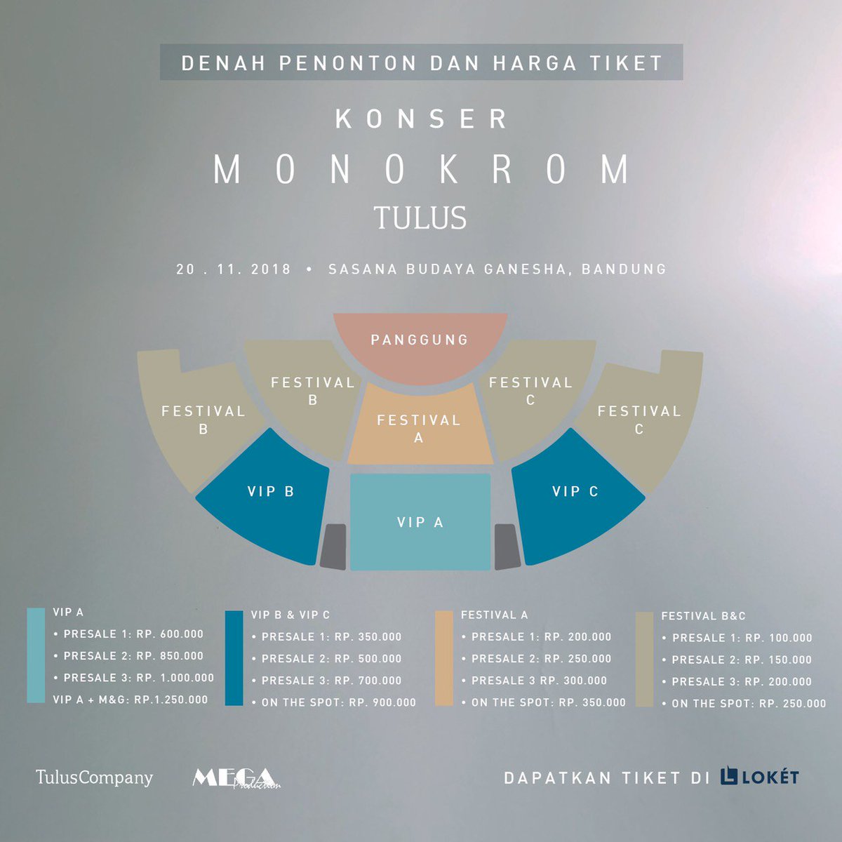 "Konser Monokrom TULUS”
20 November 2018. Sasana Budaya Ganesha - Bandung.
Tiket mulai dijual pada Senin, 29 Oktober 2018 mulai pukul 18.00 wib di <a href="/loketcom/">LOKET</a>.
Informasi lengkap mengenai #KonserMonokromTULUS bisa kalian dapatkan lewat akun @konsermonokromtulus