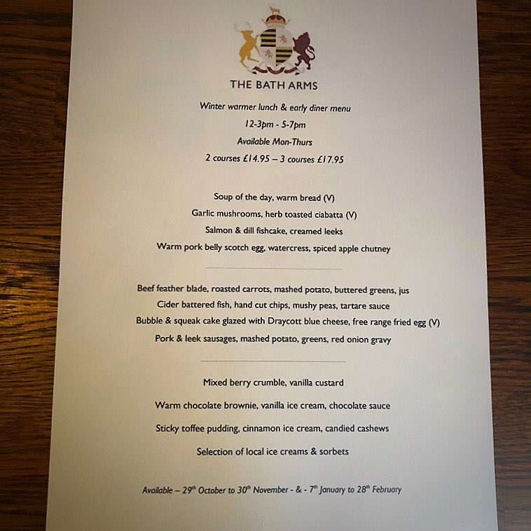 Bath_Arms's tweet photo. With it getting colder outside, why not come and enjoy some rosette comfort food and a log fire. Winter warmer lunch &amp; early diner menu starts from tomorrow. 12-3pm - 5-7pm available Monday - Thursday. 2 courses £14.95 - 3 courses £17.95
#cheddar #somerset #winter #food #logfire https://t.co/dWCk7x0A9k