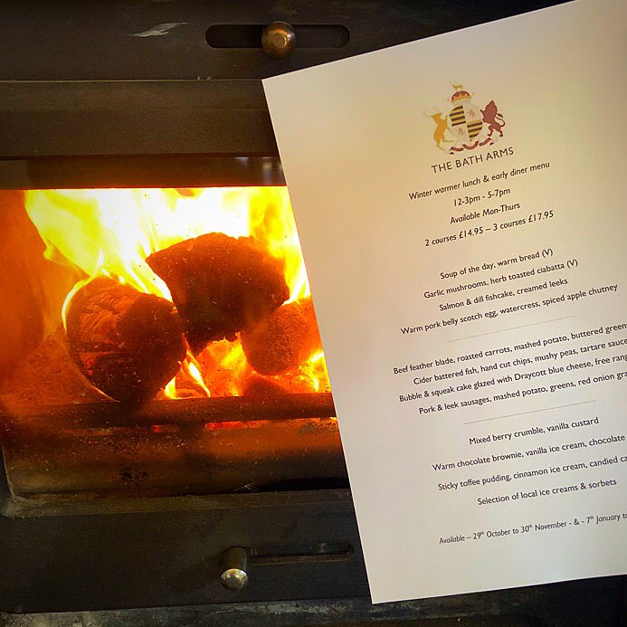 Bath_Arms's tweet photo. With it getting colder outside, why not come and enjoy some rosette comfort food and a log fire. Winter warmer lunch &amp; early diner menu starts from tomorrow. 12-3pm - 5-7pm available Monday - Thursday. 2 courses £14.95 - 3 courses £17.95
#cheddar #somerset #winter #food #logfire https://t.co/dWCk7x0A9k