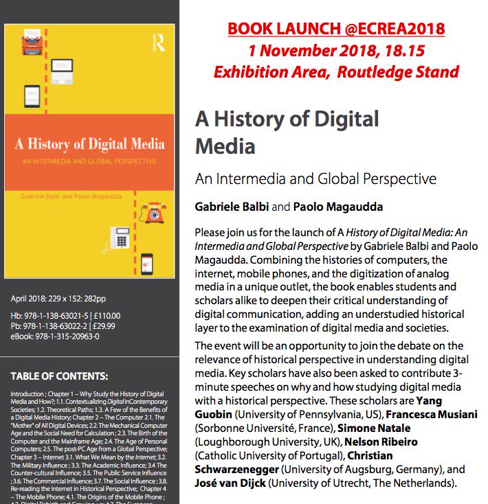 Join us for the launch of 'A History of Digital Media: An Intermedia and Global Perspective' at the #ECREA2018, Lugano, Nov. 1, at the Exhibition Area <a href="/routledgebooks/">Routledge Books</a> Stand, with <a href="/jvdijck/">José van Dijck</a>, <a href="/Yangguobin/">Guobin Yang</a> <a href="/gabriele_balbi/">Gabriele Balbi</a>, <a href="/franmusiani/">Francesca Musiani</a> and other colleagues