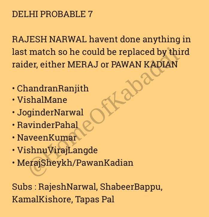 HomeOfKabaddi's tweet photo. We are not 100% sure about JEEVA KUMAR but he's having Chances to play Tonyt,

From Delhi too expecting 1 Change, which is RAJESHNARWAL Either by Meraj or Pawan 

Its the @DabangDelhiKC Defense VS @UpYoddha Raiding 

Lets wait and watch who will take upper hand 

#DELvUP #Kabaddi https://t.co/UDWhPXdtpE