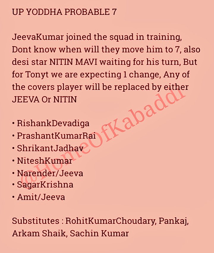 HomeOfKabaddi's tweet photo. We are not 100% sure about JEEVA KUMAR but he's having Chances to play Tonyt,

From Delhi too expecting 1 Change, which is RAJESHNARWAL Either by Meraj or Pawan 

Its the @DabangDelhiKC Defense VS @UpYoddha Raiding 

Lets wait and watch who will take upper hand 

#DELvUP #Kabaddi https://t.co/UDWhPXdtpE