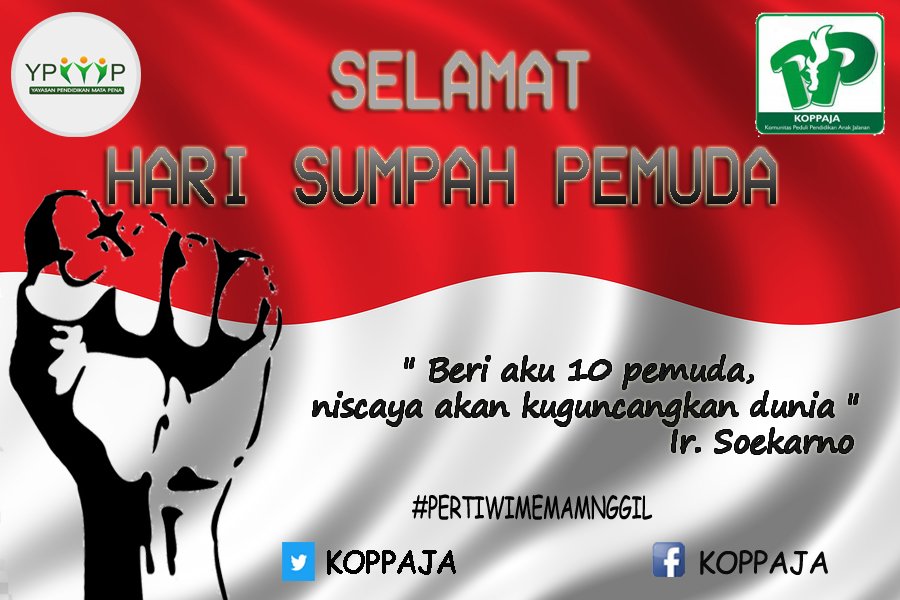KOPPAJA's tweet photo. Semangat mengabdi untuk mencerdaskan anak bangsa

Selamat Hari Sumpah Pemuda
#PertiwiMemanggil
#koppaja
#ypmp 
#sumpahpemuda2018 https://t.co/UEUGczd6Mz