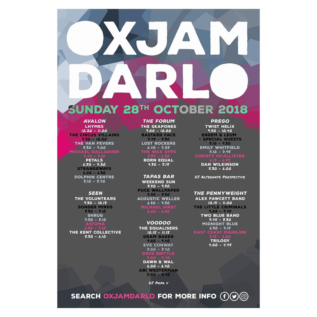 Wakey, wakey, rise and shineeee, as it's only blinkin' OxjamDarlo day!

⌚ The wristband exchange will open from 2pm - 8pm, where you can also buy tickets for £8 each.

📍You can find it located at the Oxfam Darlington shop on Skinnergate.

#Darlington