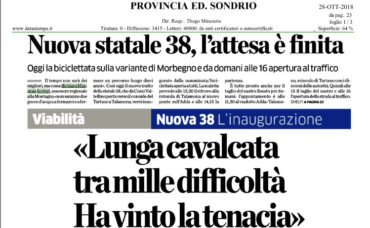 MassimoSertori_'s tweet photo. L’apertura straordinaria della nuova #statale38 si terrà anche in caso di #maltempo.Oggi festeggeremo la felice conclusione di tante #battaglie che ci hanno permesso di offrire,a cittadini e turisti,una #viabilità più scorribile verso #Milano!
#RassegnaStampa
#TangenzialeMorbegno https://t.co/CMs100FOoz