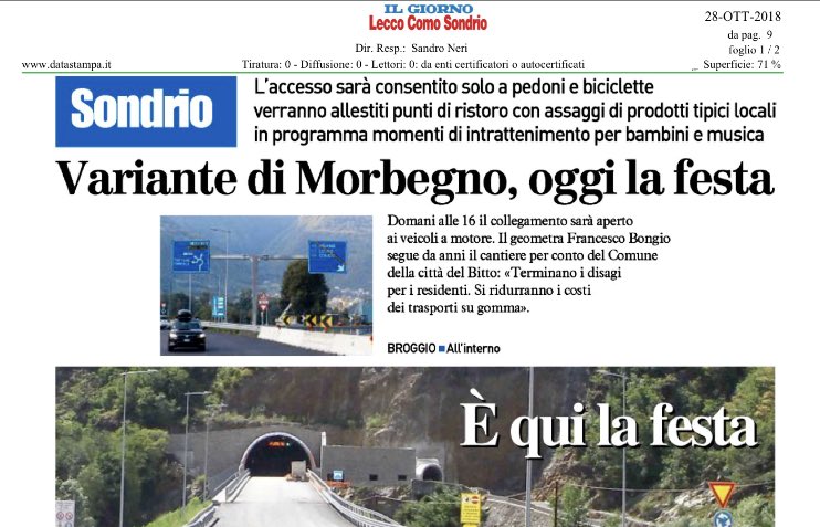 MassimoSertori_'s tweet photo. L’apertura straordinaria della nuova #statale38 si terrà anche in caso di #maltempo.Oggi festeggeremo la felice conclusione di tante #battaglie che ci hanno permesso di offrire,a cittadini e turisti,una #viabilità più scorribile verso #Milano!
#RassegnaStampa
#TangenzialeMorbegno https://t.co/CMs100FOoz