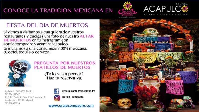 OraleCompadre's tweet photo. ¡TE INVITAMOS!🍸Cuelga una foto de cualquiera de nuestros ALTARES DE MUERTOS en tu Instagram y etiquétala con los hagstags #oralecompadre o #cantinaacapulco y te invitamos a una copa (cóctel, tequila o cerveza) 🍹🍸🍺
#diademuertos https://t.co/WLRX4DUixg