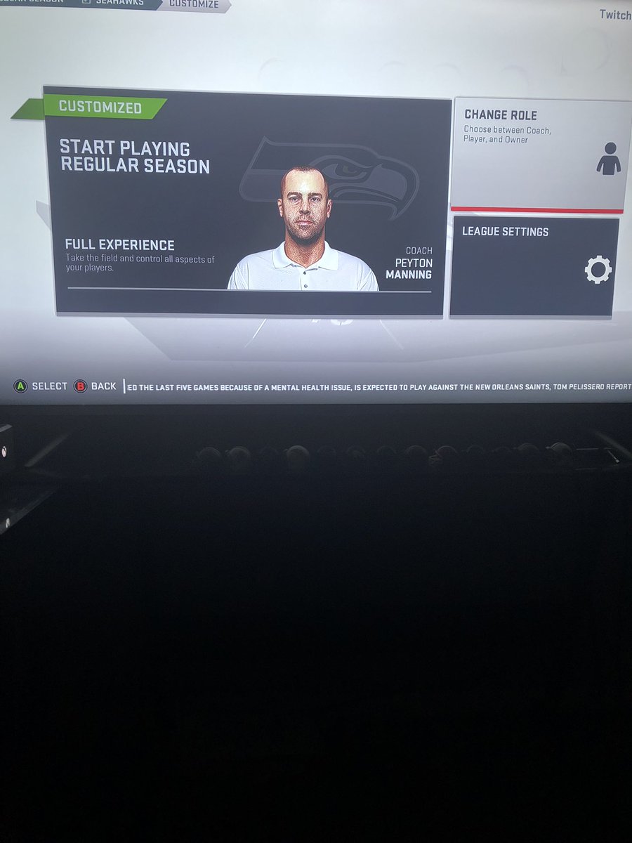 MaddenGang18's tweet photo. Introducing the Seahawks newest coach... Peyton Manning!!! Come watch the stream link in bio! https://t.co/FxXhxgla9M