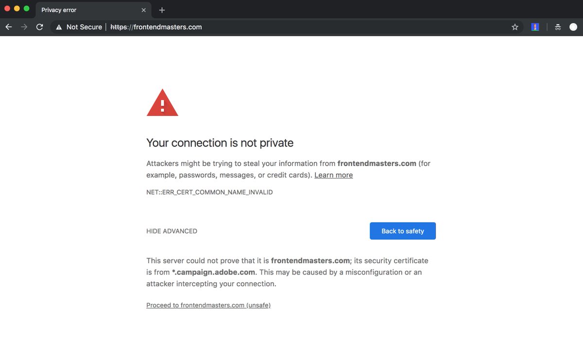 ArmanNisch's tweet photo. @FrontendMasters there seems to be an issue with your TLS cert. The requested domain name does not match the server’s certificate. Might be some marketing software getting in your way as the certificate is only valid for *.campaign.adobe.com. https://t.co/nzxOPXz4W8