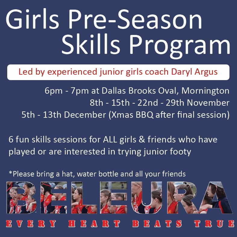 Beleura JFC has a pre-season program just for girls.
Need to brush up on skills or see if footy is for you and your friends

facebook.com/events/2499413…