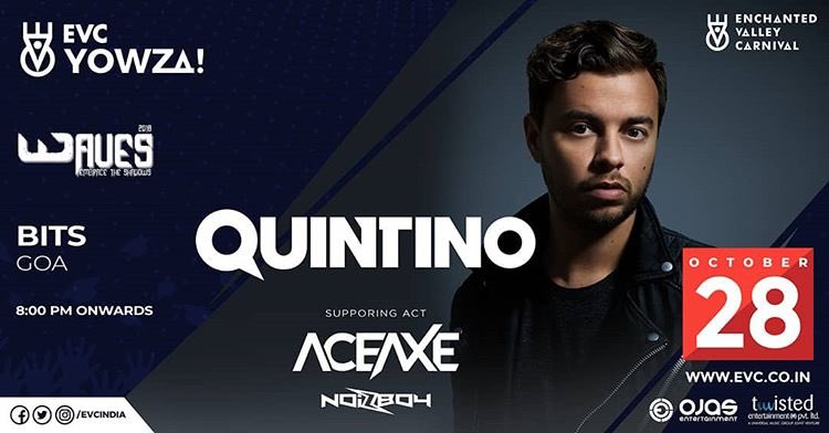 Ojasonthego's tweet photo. @EVCIndia presents EDM Nite feat. @QUINTINOO @Aceaxemusic & @iamnoizboy live at @BITSWaves .
28th October 2018
#Waves2018 #BitsGoa #OjasOnly #TeamOjas #Music #Artist #Goa #CampusFestival #BitsPilani #OjasEntertainment https://t.co/NTbkX8ZQG4