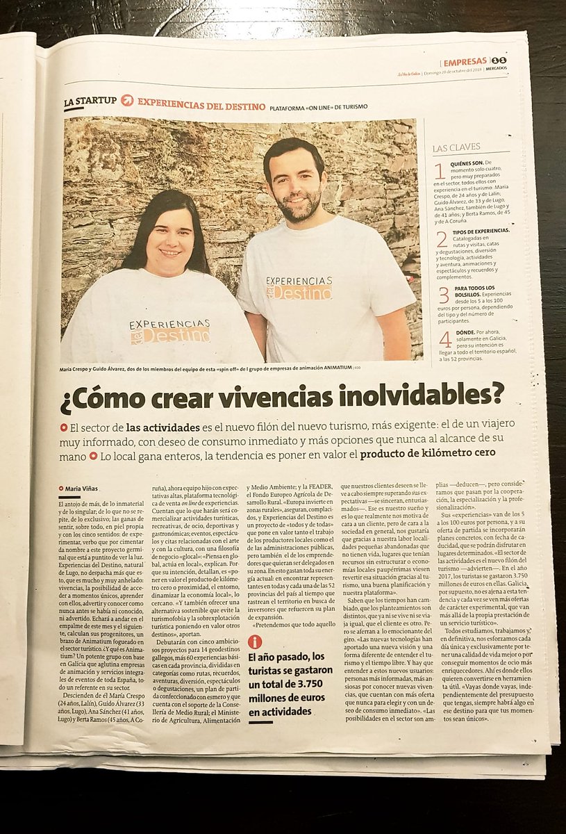 ExperienciasEdD's tweet photo. Continuamos presentando el proyecto #EdD: hoy se hace eco el diario @lavozdegalicia bajo el título "¿Como crear vivencias inolvidables?". Un bonito reportaje de la periodista María Viñas @Mariavsanmartin #Gracias #Prensa #Medios #ExperienciasDelDestino https://t.co/nFNEgpb5jH