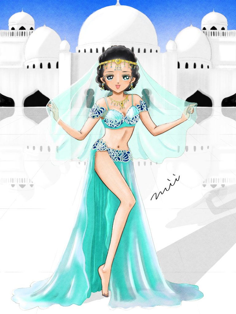 りか たちあおい島𓂃 お肌の色がすごく綺麗 後ろの宮殿 もすごく丁寧に描かれてて アラビアンコーストみたい 服の色合いもジャスミンっぽくて セクシーで素敵です