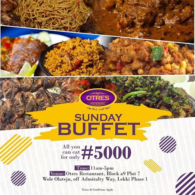 OtresRestaurant's tweet photo. Sunday’s just got more exciting 💃🏽💃🏽. Where would you rather be today? Our special Sunday Buffet holds today Sunday (28th October, 2018) with a number of varieties to choose from for just N5000 for adults and N2500 for Kids!!!! Time is 11am - 5pm. Terms … https://t.co/E0vBcvCHRp https://t.co/QqhPbSpbEG