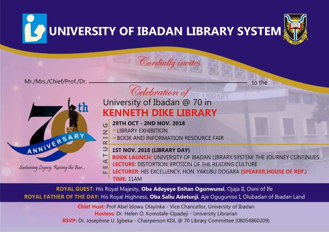 DrAlongeAJ's tweet photo. Celebrating University of Ibadan @ 70 ...
Kenneth Dike Library @LibraryKDLUI., University of Ibadan @UniIbadan
The program is starting with an exhibition on Monday 29th October by 10am. You are all cordially invited. https://t.co/BVbegYaIl1 https://t.co/Rd1JI76EbB