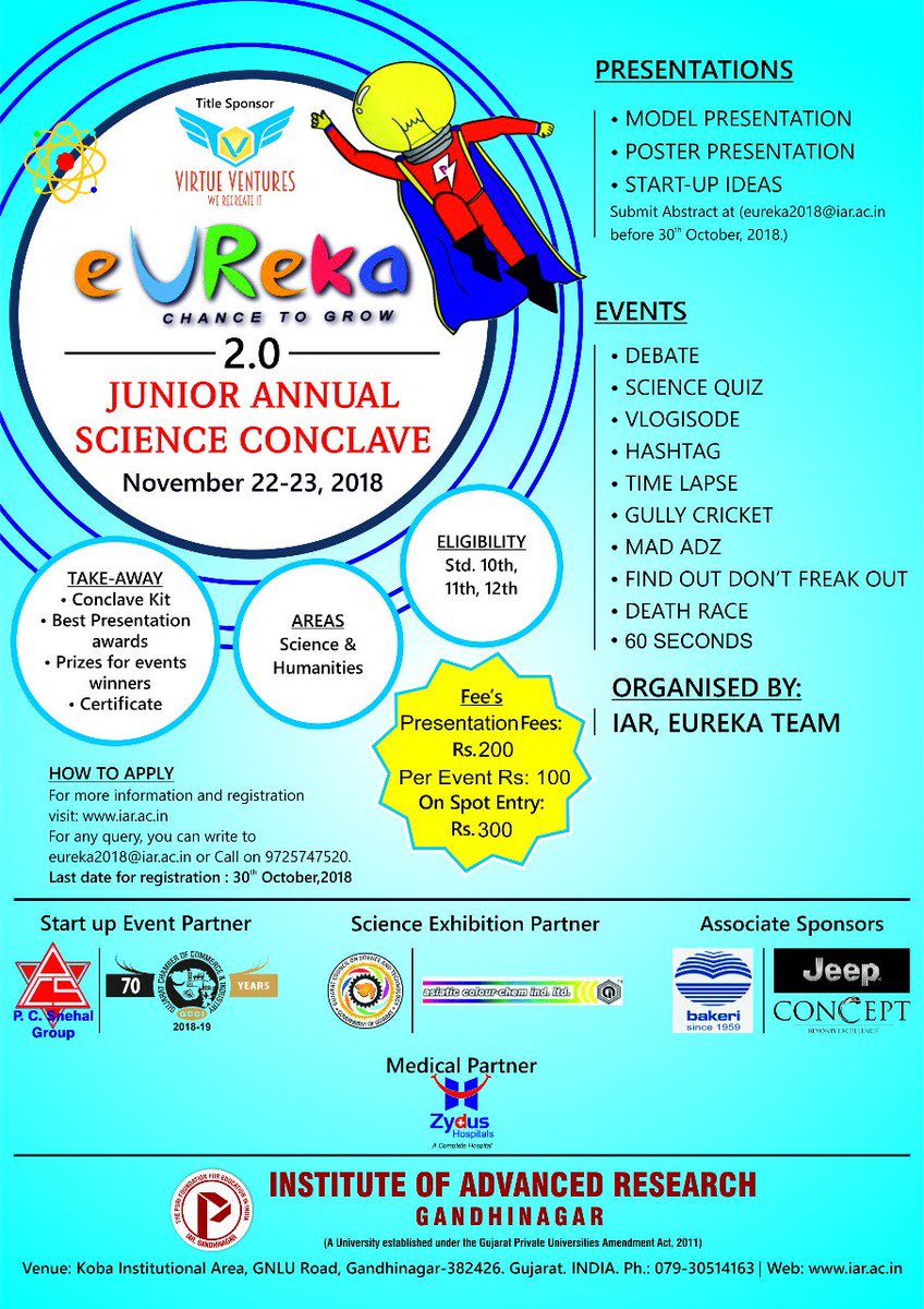 EurekaIar's tweet photo. eUReka; Annual Science and Startup conclave is back even for school students with the name of eUReka 2.0 with greater opportunities hope to see you on 22-23 November 2018 @ IAR Gandhinagar-@IAR_Gn #biggernbetter #startupideas #posterpresentation #modelpresentation #youngscientist https://t.co/SL8x6cSmZI