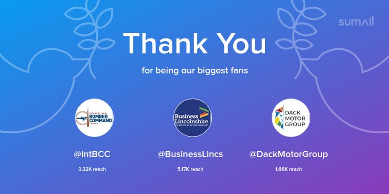 Our biggest fans this week: <a href="/IntBCC/">International Bomber Command Centre</a>, <a href="/BusinessLincs/">Business Lincolnshire</a>, <a href="/DackMotorGroup/">Dack Motor Group</a>. Thank you! via sumall.com/thankyou?utm_s…