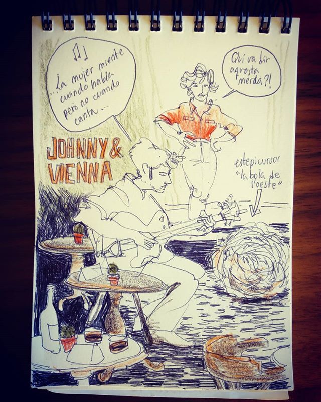 criscurto6's tweet photo. Johnny &amp;Vienna amb un #boli i 4 #llapisdecolors

#johnnyvienna @elmalda #teatre #sketch #urbansketcherscatalunya #urbansketchers #western #oest #estepicursor #zarzaparrilla #Barcelona https://t.co/Hmy0RexRgU https://t.co/MbESiyKD4h