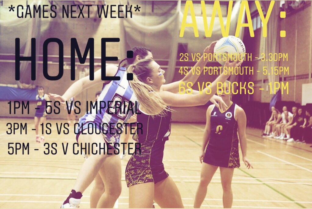 Games this week! Come to the netball hall to support our 1st, 3rd and 5th Team! #bucswednesday #winningwednesday #wewearyellowandblueonwednesdays #teambrunel