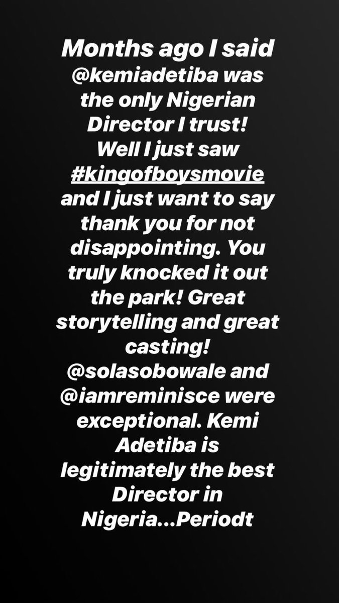 ellacreme's tweet photo. @kemiadetiba Congratulations! You have set the bar. Believe the Hype guys #KingOfBoys was everything that was promised and more! https://t.co/wB4U39T24l
