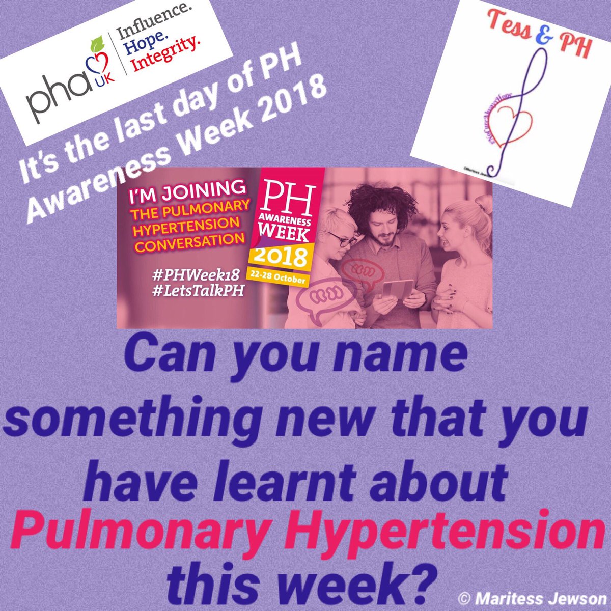 maritess_mt's tweet photo. Let’s RT &amp; see how many people have learnt something new about #pulmonaryhypertension this PH Awareness Week, UK, 2018!! Forever raising awareness for PH! 💜 @PHA_UK #LetsTalkPH #PHWeek18 #NoCureAlwaysHope #chronicillness #invisibleillness https://t.co/G52jLK5MCM