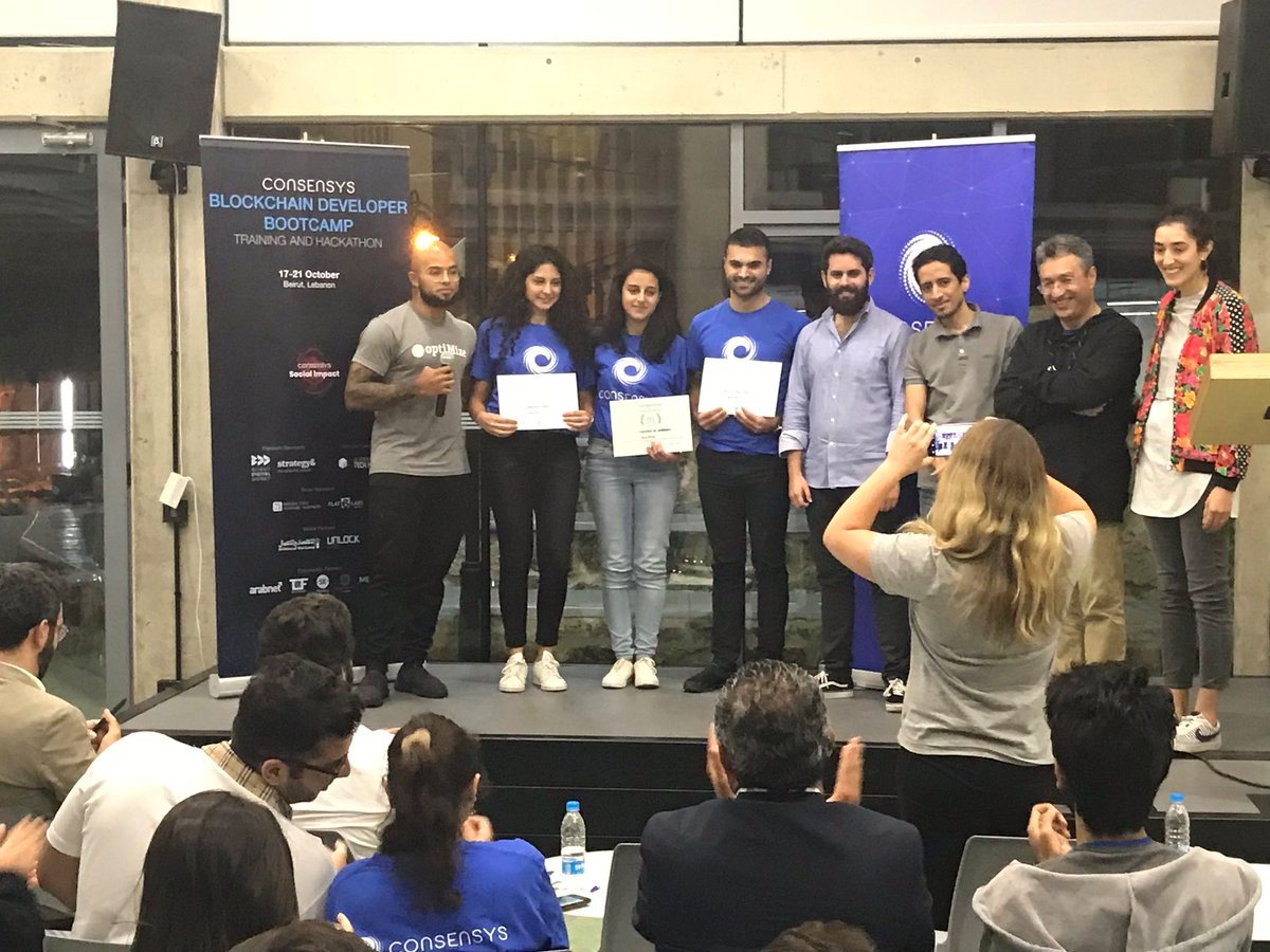 BlocRecs's tweet photo. October 21st 2018 - BlocRecs team won 1st prize at Consensys Lebanon Blockchain Hackathon - Rawane Madi Amir Abdel Baki Hanady Alahmadieh
#Consensys #BlockchainCompetition https://t.co/vUxMBN1uux