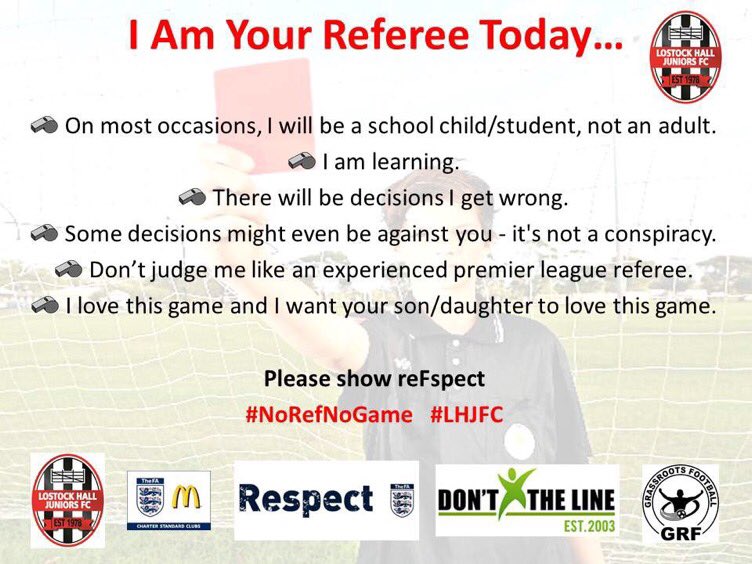 Lostock_HallJFC's tweet photo. Please remember, this and every weekend...
#NoRefNoGame #DontXTheLine
#ReFspect #ThankYouRef https://t.co/ui1bdAJewh