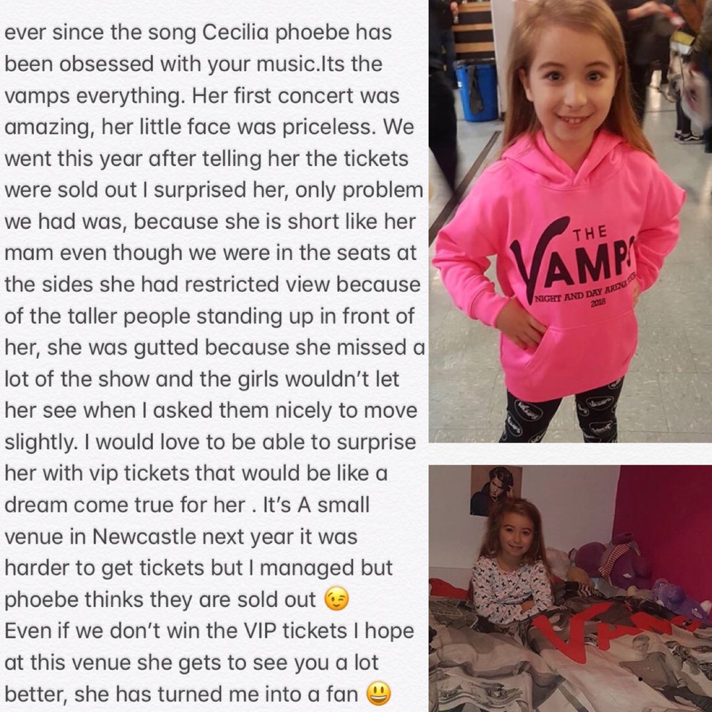 Stacydunn6n7's tweet photo. @TheVampsband This is my 9yr old girl phoebe, it would be a dream come true for her to win vip #VampsTourUK2019 #Newcastle @TheVampsband https://t.co/adn1xBiKhq