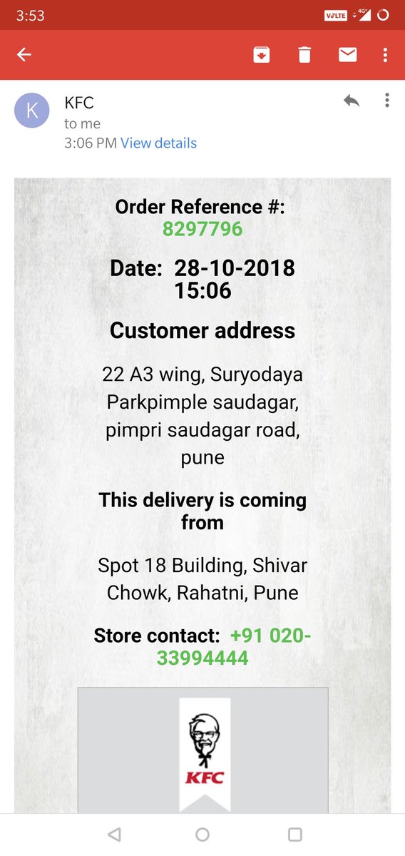 nikitarathore78's tweet photo. @KFC_India ordered rice box meal  ref 8297796 at 3:06PM today. Still no track of the order. Can't contact Phone e Spot 18 mall KFC store too.  Disappointed. https://t.co/oy5j5fwcSt
