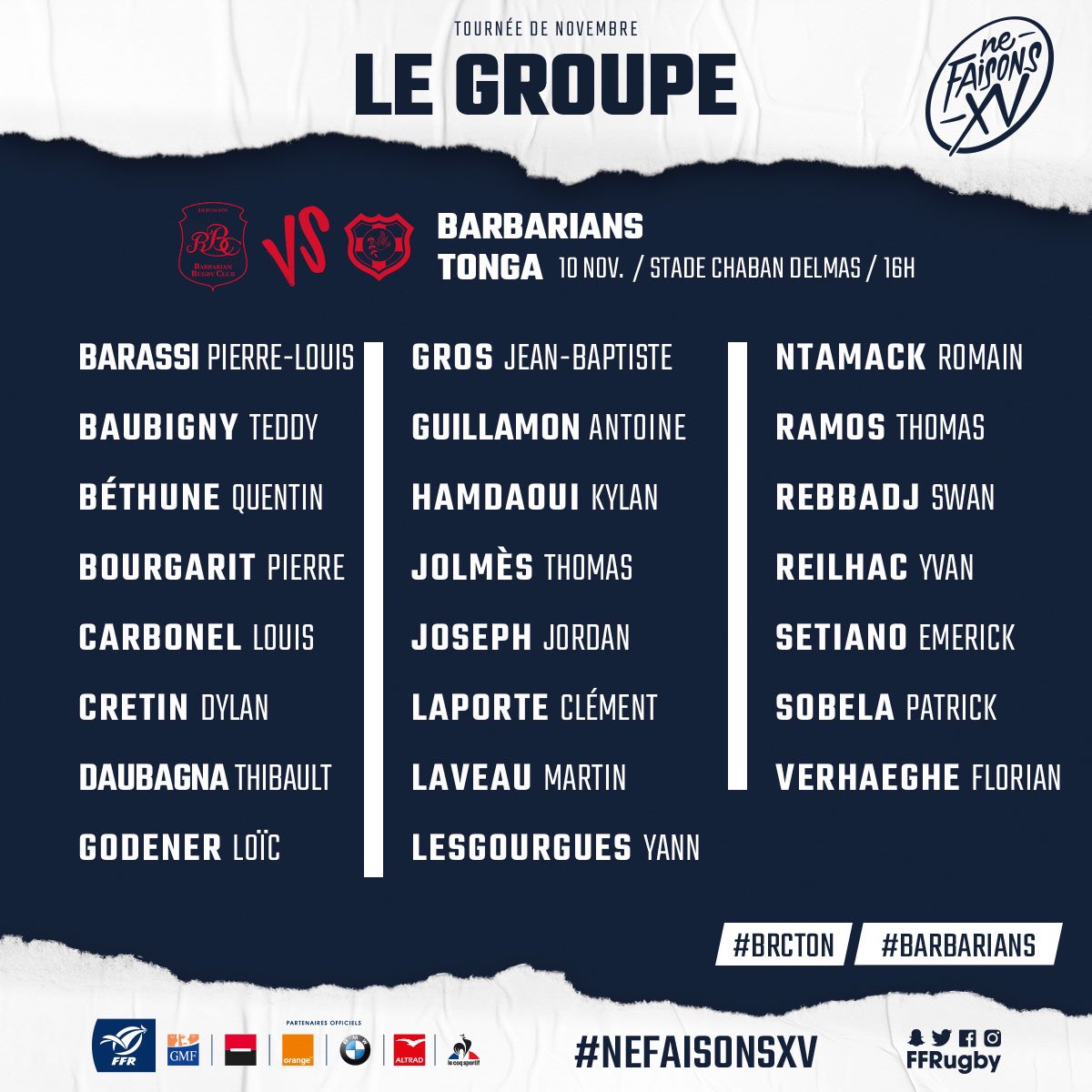 FranceRugby's tweet image. 🔵 @DantyJonathan étant appelé avec le #XVdeFrance en remplacement de @Remilamerat, Yvan Rheilac (@MHR_officiel) est convoqué avec les @Barbarian_RC pour le match du samedi 10 novembre contre les 🇹🇴 Tonga #BRCTON