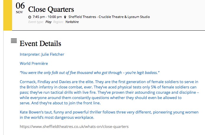 Close Quarters #BSLinterpreted 6th Nov @SheffieldLyceum funny & powerful thriller follows 3 v different, young women, 1st generation of female soldiers to serve in close combat, ever @KirkleesDCS @CastleCommServs @DeafTrust @HullDeafClub @SheffieldDeaf