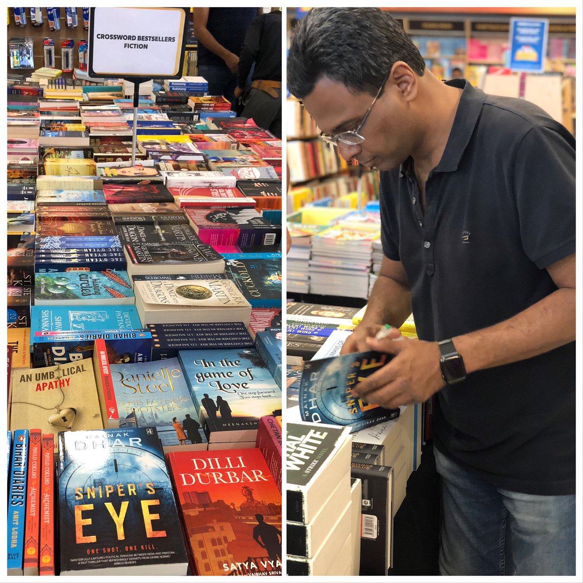 mainakdhar's tweet photo. Weekend shopping combined with impromptu book signing at Crossword R-City, Mumbai. If you drop by there, you can get signed copies of #SnipersEye. Also was nice to see Sniper’s Eye in good company on the bestsellers section. @crossword_book https://t.co/p2NZ3daOzR