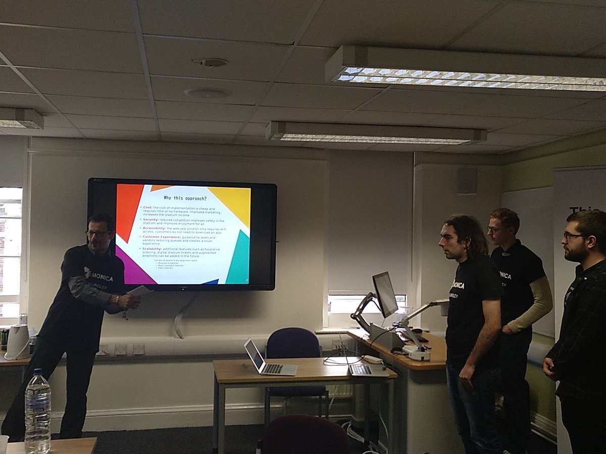 IotTribe's tweet photo. Last team! Smart Stadium is one of our newest teams and have been working on adaptable VR solutions for both customers and staff management #hackingley https://t.co/Of57C0Sw21
