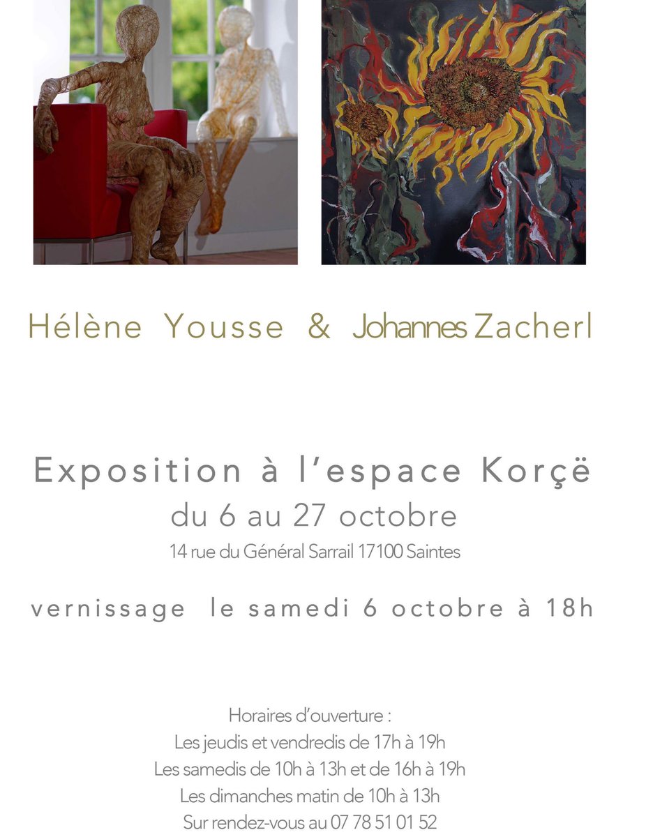 LescaAnne's tweet photo. Devant le succès de l’expo d’ #Hélèneyousse et de #johannesZacherl, prolongation de jeudi 1 au dimanche4/11
14, rue du Général Sarrail à Saintes
Tél : 07 78 51 01 52
#EnjoyYourArt #stephdelingua #figuration #sculptures #peintures https://t.co/GxLr3bW05x