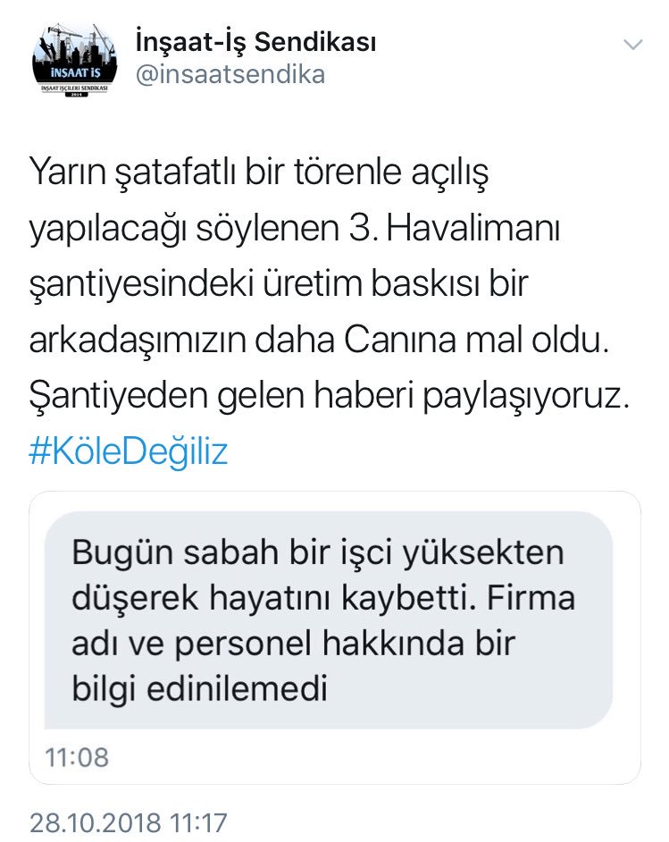 yasarustaportal's tweet photo. 3. havalimanı açılışına bir gün kala bir #İşCinayeti daha | İnşaat-İş, henüz sadece bir fazı tamamlandığı halde yarın, 29 Ekim Cumhuriyet Bayramı ile şatafatlı bir törenle açılışı yapılacak 3. havalimanı şantiyesinde bugün de bir iş cinayeti yaşandığını duyurdu. https://t.co/SqUtfCzDrj