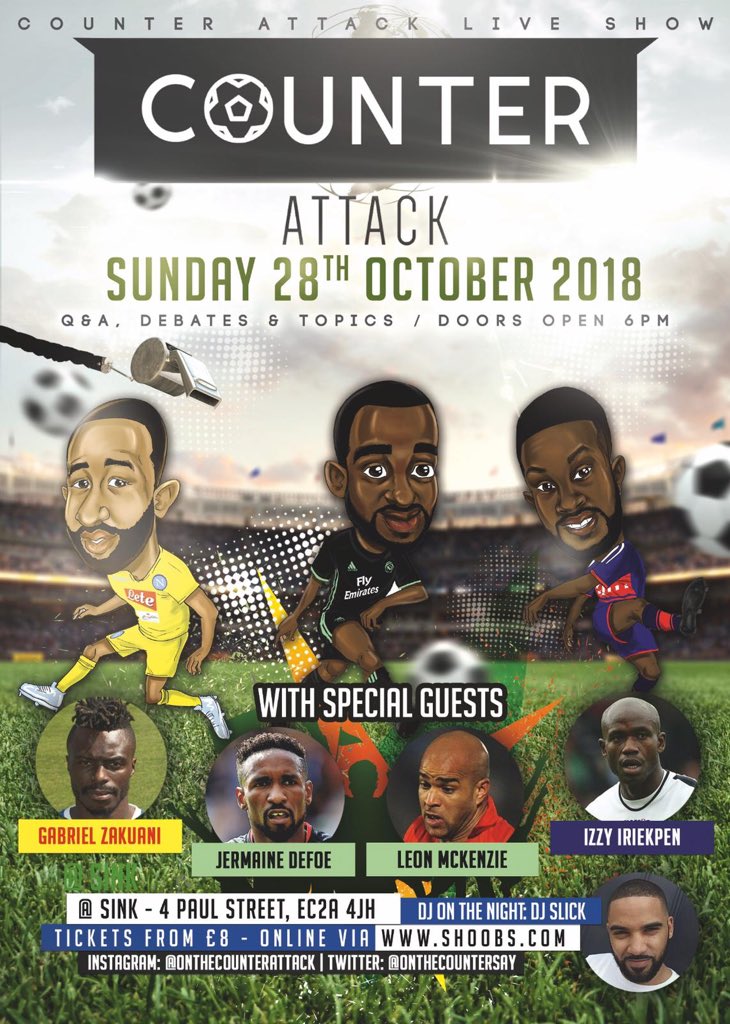 #CounterattackLive tonight headlined by @IAmJermainDefoe. 

Special guests also include @izzyiriekpen @Gabs50Zakuani @LeonMckenzie1 

⏰ Doors open 6pm

📍Sink Pong

🎟 shoobs.com/events/32022/c…

Arrive early to ensure you get a seat.