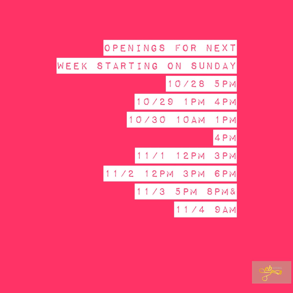 _keyyyy__'s tweet image. Happy Sunday 💕 Appointments for the week are as follows , DONT WAIT TIL THE LAST MINUTE LADIES ! I won’t be able to squeeze you in 🤧 Txt (773)417-1626 to book your next set with me 💋 #elevatedbeautyminklashes #travelinglashartist #chicagolashes #eb_minklashes