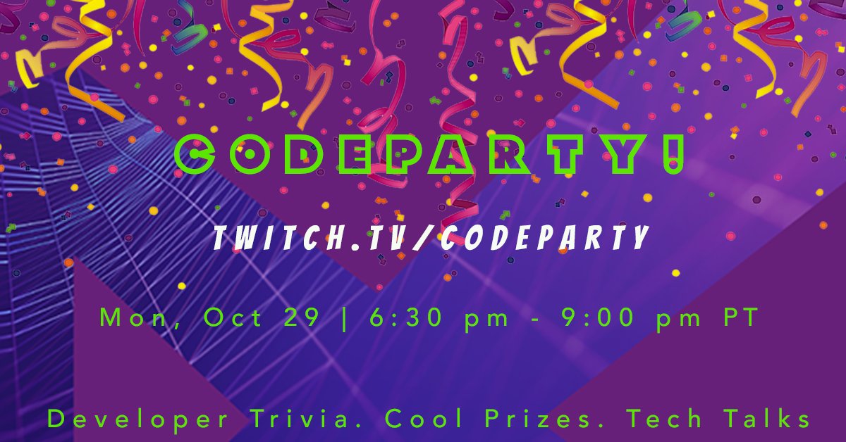 VisualStudio's tweet image. It's a #CodeParty on Twitch! Join us Monday, Oct 29 at 6:30pm PDT for cool #prizes, tech talks and more. Live from VSPP Summit. msft.social/NnDOpS @Telerik @twilio @PreEmptive @LEADTOOLS @cdatasoftware @richcampbell @MobilizeNet