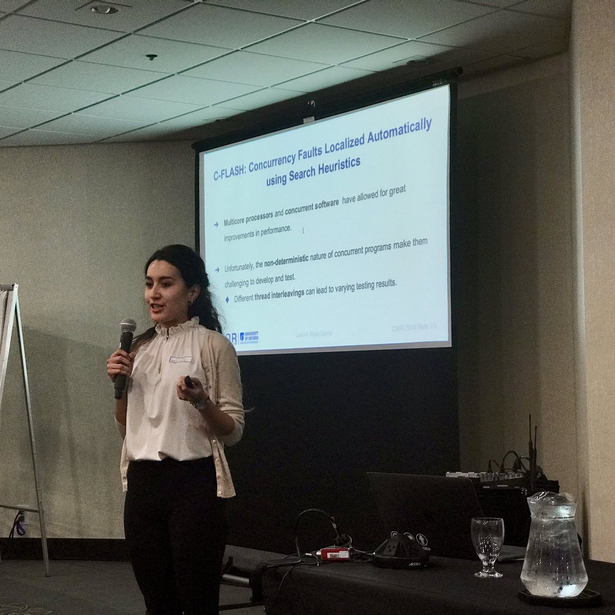 jeremy_bradbury's tweet photo. Luisa Rojas Garcia discusses the challenge of localizing concurrent bugs and our heuristic based tool to addressing this challenge called C-FLASH. #LightningTalk #CSER2018 #OnTechU https://t.co/aCBlF0T2i7