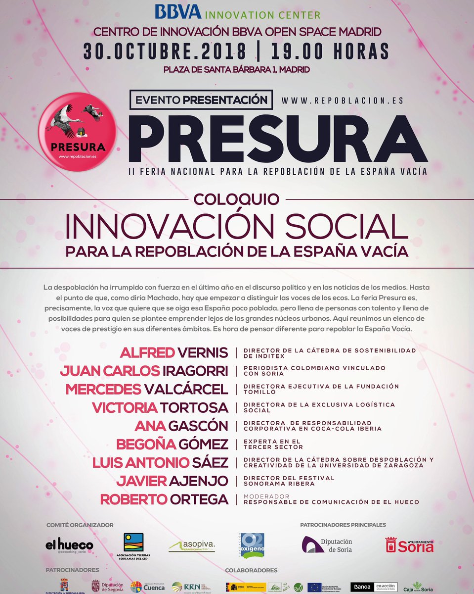 Martes 30 Oct. 19 h <a href="/bbva/">BBVA</a> Open Space #Madrid Plaza Santa Bárbara 1 presentación Presura 2ª Feria Nacional #Repoblación España Vacía y Coloquio sobre Innovación Social y Repoblación. Si quieres asistir inscríbete en repoblacion.es/coloquio #despoblación #Socent #Socinn #Socialgood