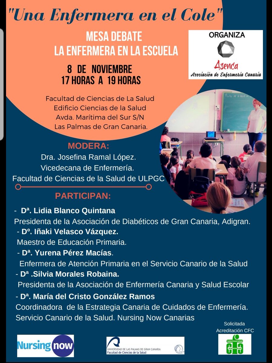 "Una Enfermera en el Cole"
Te presentamos a los ponentes que participarán en La Mesa Debate sobre el papel de la Enfermera en la Escuela.
Próximo 8 de Noviembre

Solicitada acreditación CFC
Organiza <a href="/somosAsenca/">ASENCA.  Asociación de Enfermería Canaria</a>
Inscripción gratuita.

Pincha aqui.
asenca.org/eventos