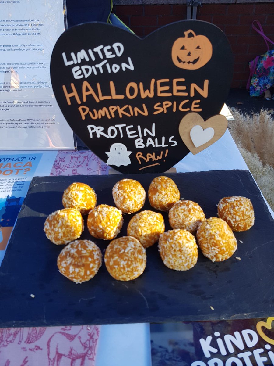 GoodProteinUK's tweet photo. We're at Riverside Market today @RCMAmarkets We did have some delicious limited edition Pumpkin Spice 🎃 Protein Balls for #Halloween but they're all gone now! It's scary how quickly they went 👻😱 #Cardiff #vegan #veganprotein https://t.co/rYkw2qym4l
