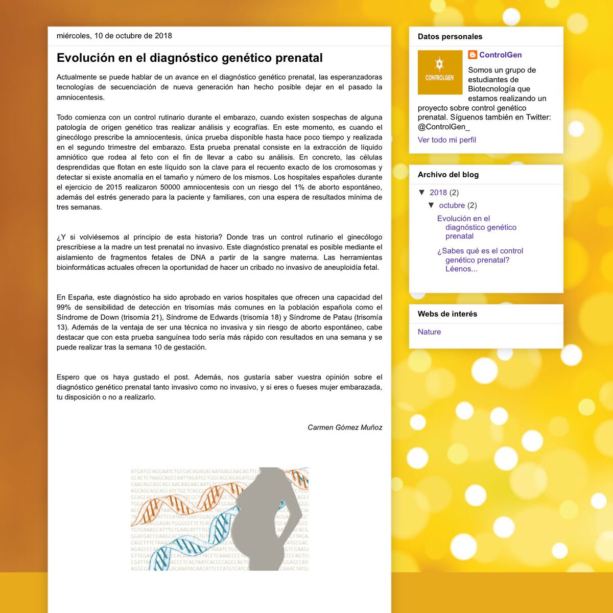 ControlGen_'s tweet photo. ¡Hola! ¿Aún no conoces nuestro blog? En él te podrás informar sobre el control genético prenatal y podrás conocer la opinión de la sociedad sobre este tema. ¡Esperamos tu visita!
https://t.co/INKe0QL1JE https://t.co/gFe0V6xVTF