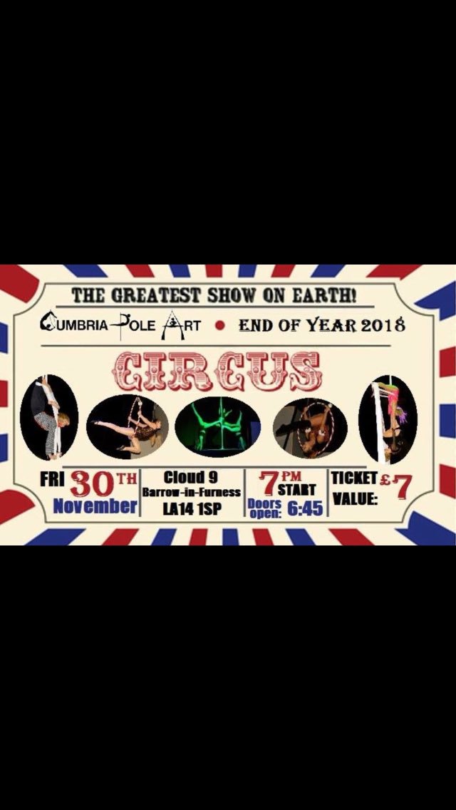 CUMBRIAPOLEART's tweet photo. ✨✨✨TICKETS NOW AVAILABLE ONLINE✨✨✨
CUMBRIA POLE ART END OF YEAR SHOW 2018...... CIRCUS! 🎪🎪🎪
It would be just crazy if we didnt do this theme this year. The whole world has gone Circus mad (finally seeing the awesomeness of it all) https://t.co/kM9HM1PtGF https://t.co/38HyF9dLBP