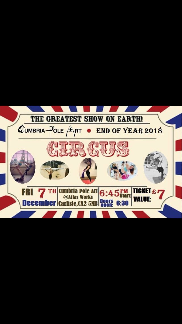 CUMBRIAPOLEART's tweet photo. ✨✨✨TICKETS NOW AVAILABLE ONLINE✨✨✨
CUMBRIA POLE ART END OF YEAR SHOW 2018...... CIRCUS! 🎪🎪🎪
It would be just crazy if we didnt do this theme this year. The whole world has gone Circus mad (finally seeing the awesomeness of it all) https://t.co/kM9HM1PtGF https://t.co/38HyF9dLBP
